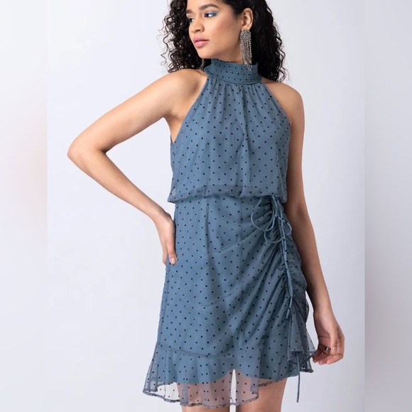 Faballey polka dot mini dress blue and black with ruching - Picture 1 of 13
